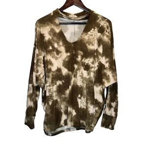 Boutique Green Cream Tie-Dye Keyhole Batwing Long Sleeve Blouse Top Size Large